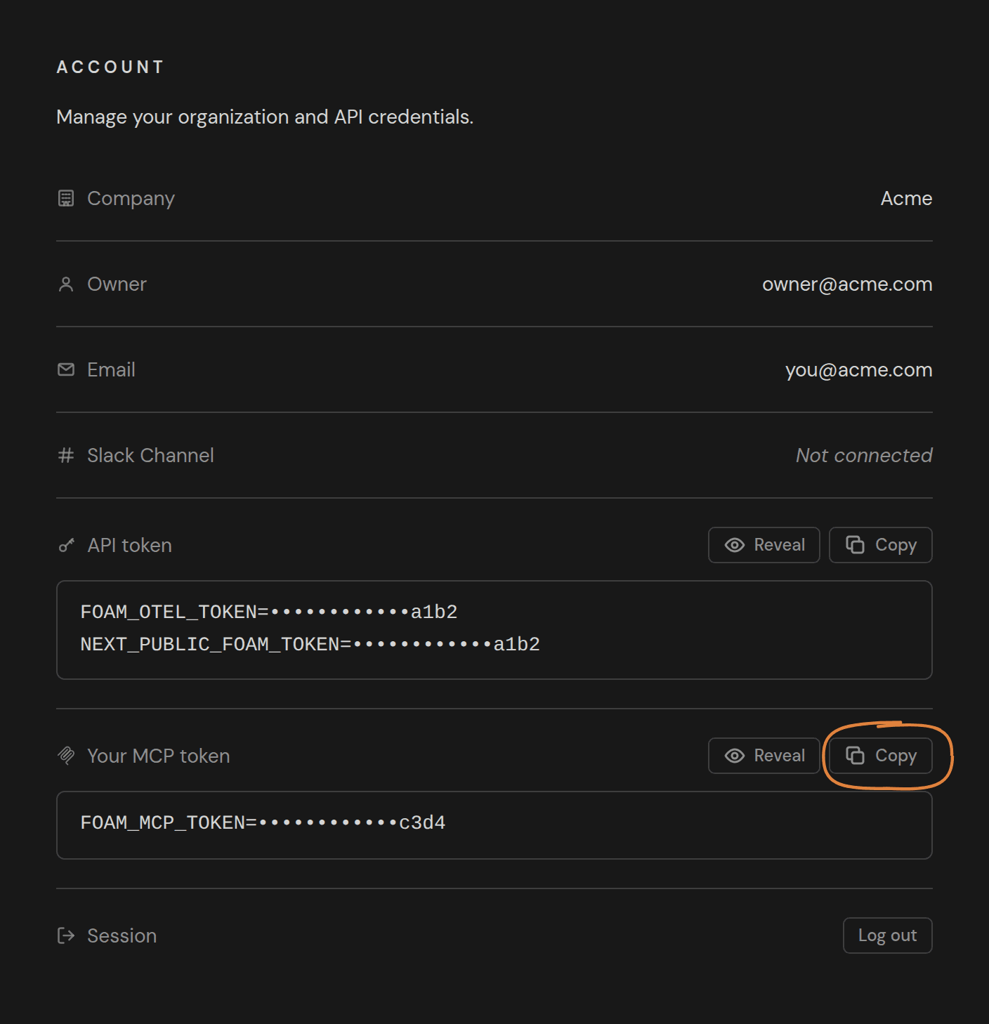The Foam account page with the Copy button for Your MCP token circled